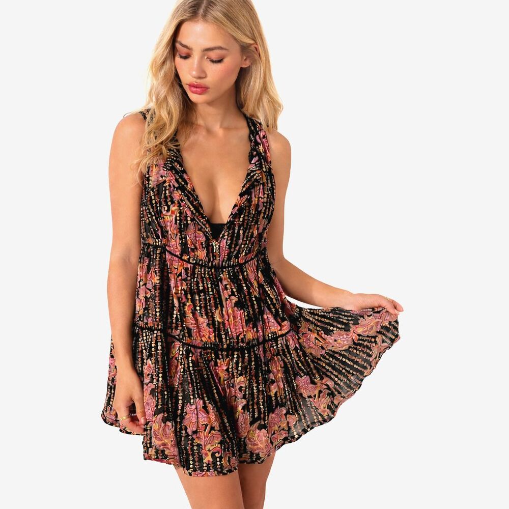 Free People Sundown Romper Boho Fairy Festival Black Floral Cotton XS NWT